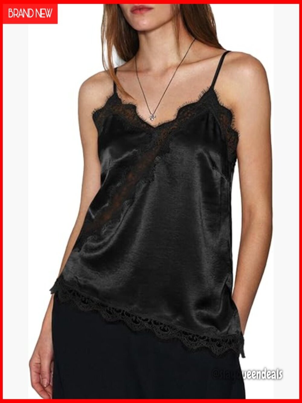 Satin Spaghetti Strap V-Neck Cami Top with Lace Trim Asymmetrical Hem